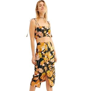 FREE PEOPLE Sz 2 BALI ORANGE SUNSHINE SET CROP TOP MIDI SKIRT IN BLACK COMBO